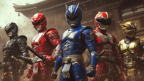 Armored color-coded team of helmeted warriors standing aligned.