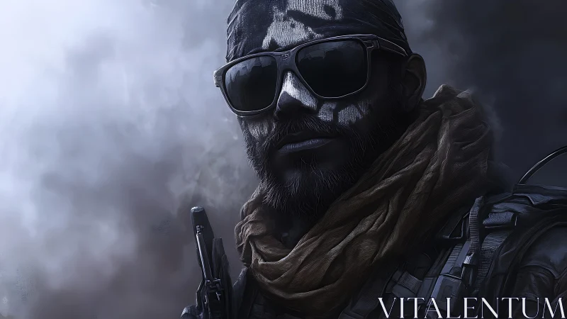 Tactical operator portrait in dense battlefield smoke, close-up