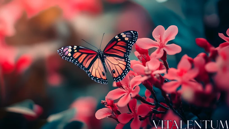 Monarch butterfly hovers over pink blossoms in dreamy light