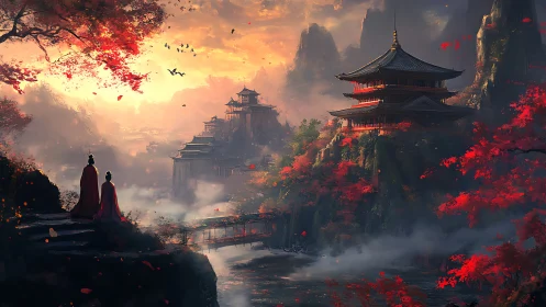 Autumn temples glow above misty river in fantasy valley.