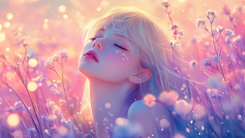 Ethereal anime girl in pastel wildflower field, dreamy bokeh glow