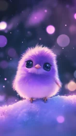Violet baby bird on snow with glowing bokeh lights.