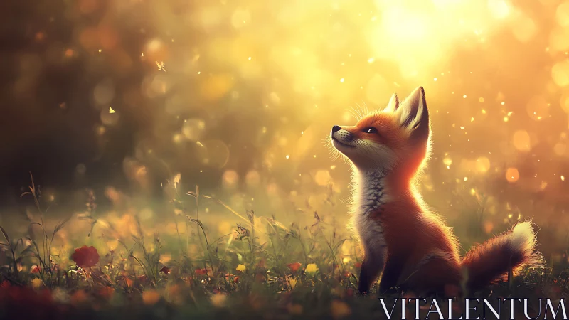 Young fox in golden-hour meadow rendered as soft digital tableau