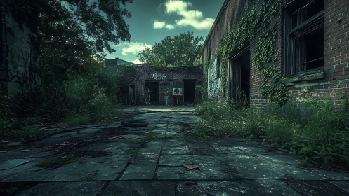 Abandoned brick courtyard overrun by deep green foliage.