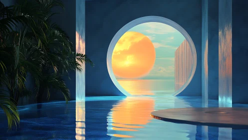 Geometric ocean sunset viewed through circular portal.