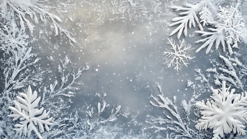 Frosted snowflakes edge cold winter background with icy haze