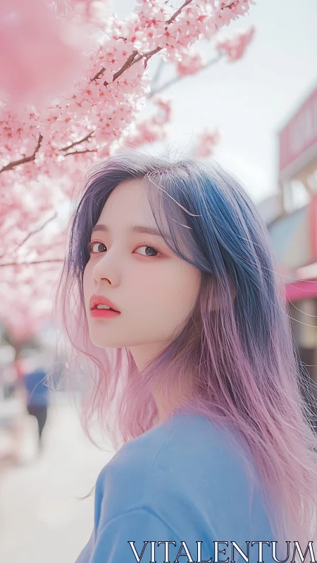 Pastel haired girl stands beneath glowing cherry blossoms
