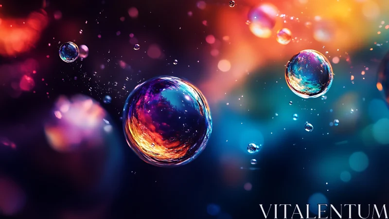 Iridescent liquid orbs drift across a chromatic bokeh field