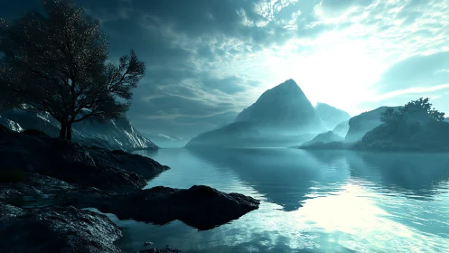 Alpine Lake Mountain Landscape Mist Dawn.