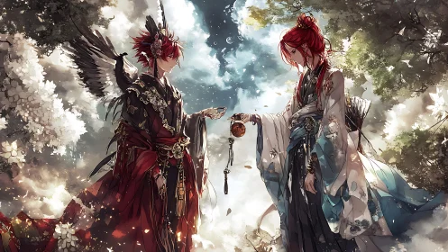 Dual robed figures exchange talisman amid floral-lit canopy