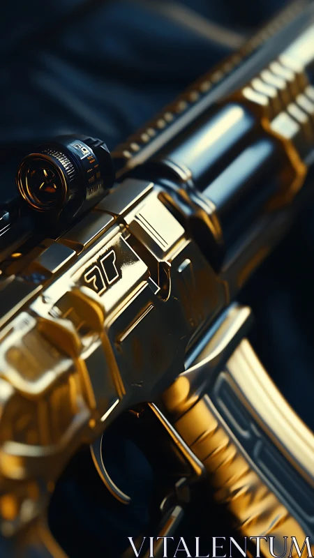 Golden metallic rifle render shows detailed receiver close-up