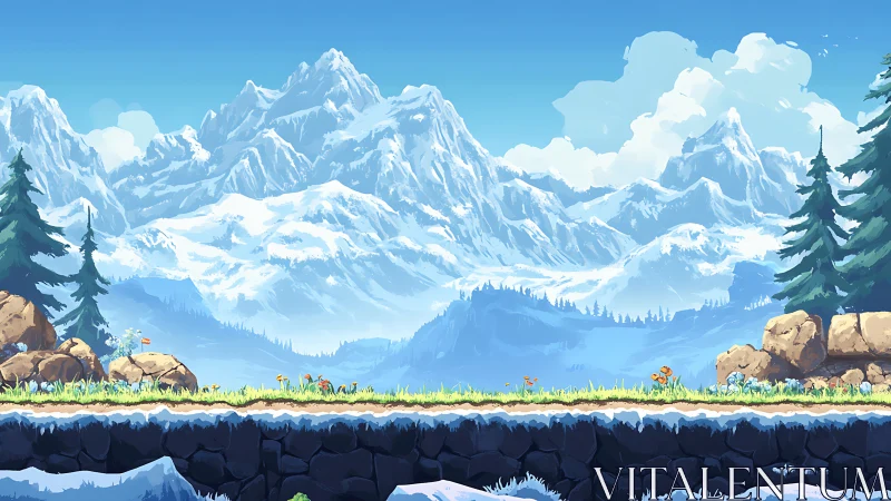 Snowy mountain game landscape with rocky forest foreground.