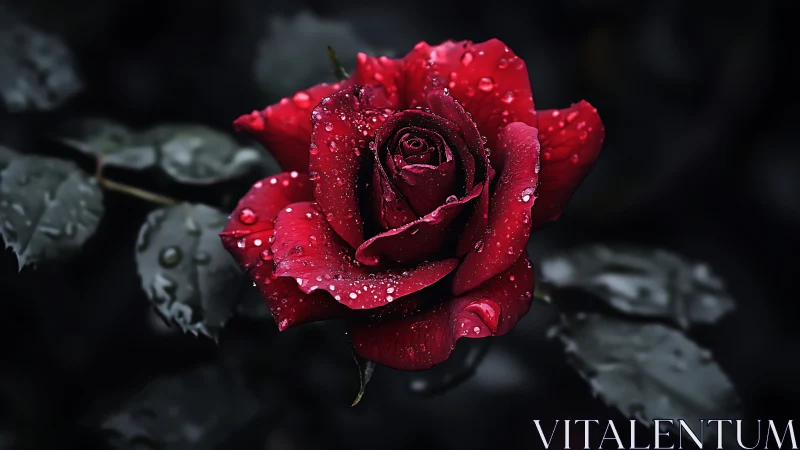 Red Rose with Water Droplets Against Dark Background.