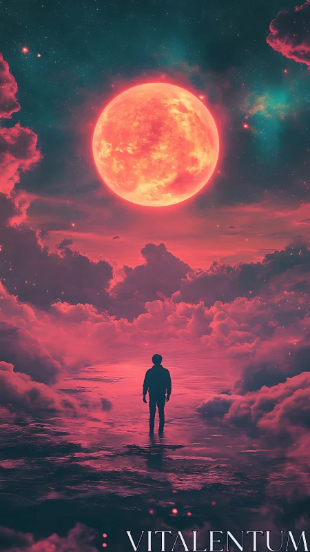 Moon-drunk wanderer floats beneath a neon-tide sky