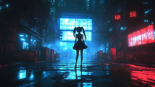 Silhouette girl walks through neon lit cyberpunk alleyway