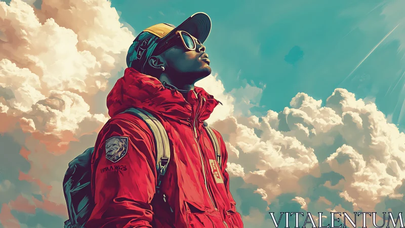 Digital portrait of traveler gazing skyward in vivid clouds.