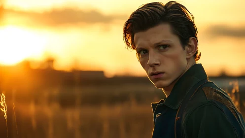 Young man in sunset field with dramatic backlight portrait.