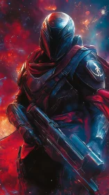 Armored space guardian stands defiant in blazing cosmic storm