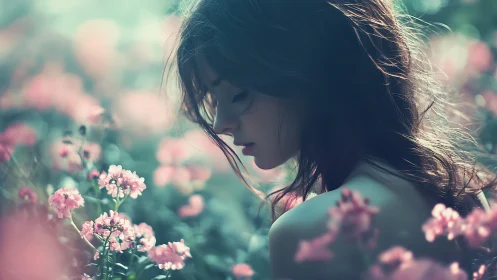 Backlit female profile amid shallow-focus pink wildflowers