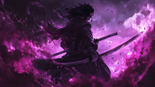 Violet stormfire crowns a lone swordsman in spectral rage