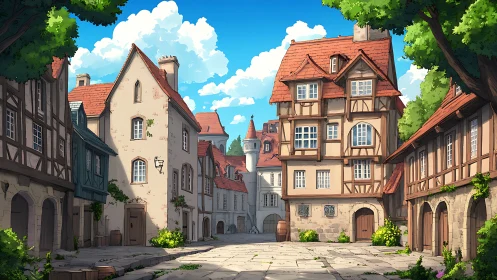 Sunny medieval village square with timbered townhouses.