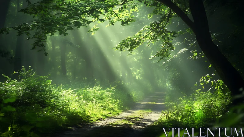 Sunlit Forest Path with Lush Greenery in a Tranquil Morning Scene.