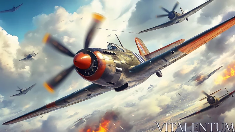 Storming warbirds carve dynamic paths through clouded skies.
