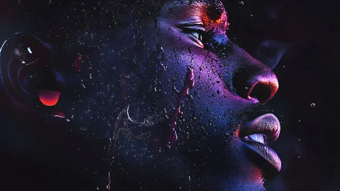 Luminous neon portrait bathed in cosmic rainlight and color.