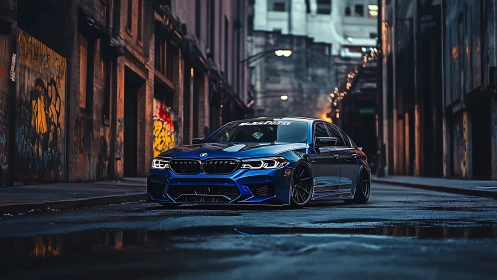 Lowered blue BMW sedan in moody urban alley with wet asphalt
