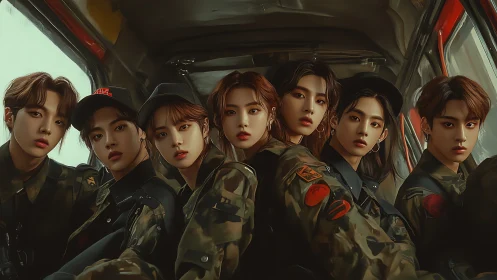 Group portrait of six youths in camouflage uniforms.