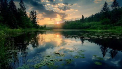 Forest lake at sunset with lily pads and reflected treeline.