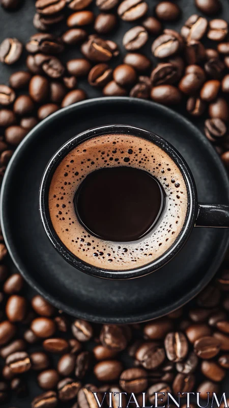 Black ceramic cup of espresso on saucer among beans.