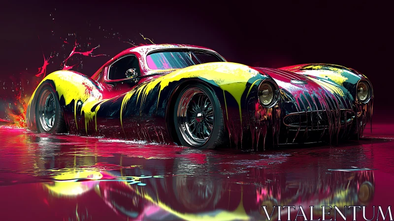 Neon sports car drenched in liquid paint on wet floor.
