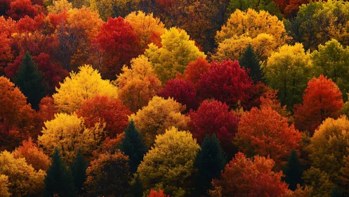 Autumn forest erupts in blazing tapestry of scarlet and gold.