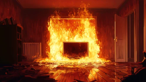 Interior Inferno: Raging Fireplace Engulfs Contemporary Room.