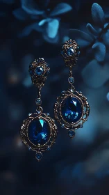 Baroque gold filigree earrings with faceted sapphire gemstones