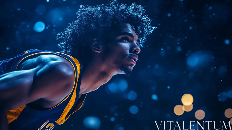 High-intensity arena portrait of focused basketball athlete.