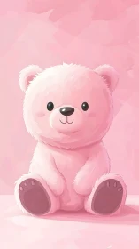 Pink cartoon teddy bear on monochromatic pastel background.