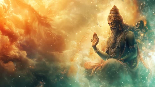 Celestial sage in golden nebula meditates in silent power