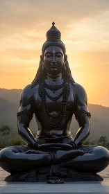 Large black meditative statue against hazy sunset sky.