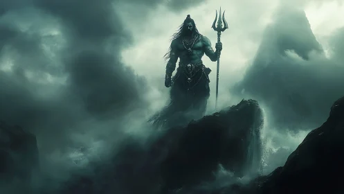 Storm-shrouded mythic warrior stands on jagged coastal rocks