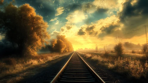Golden horizon rails under dream-thick autumn sky.