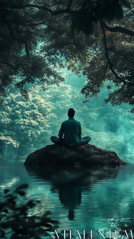 Quiet lake meditation beneath a soft emerald forest canopy.