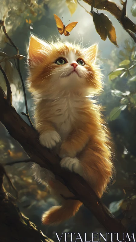 Ginger longhair kitten on tree branch observing monarch butterfly
