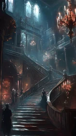 Moonlit ball at a grand, ghost-whispered staircase hall.