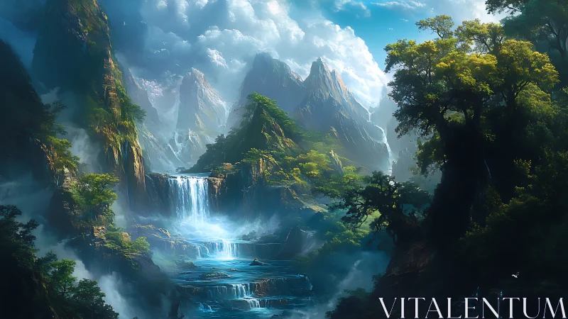 Cascading sky-river carves a myth-born mountain sanctuary