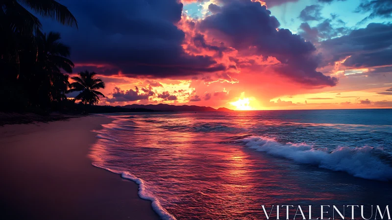 Sunset waves painting the shoreline in glowing tropical light.