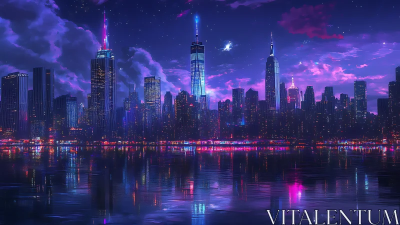 Neon lit futuristic city skyline reflected in calm water.