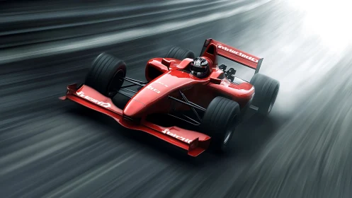 Red formula race car speeding on blurred asphalt track.