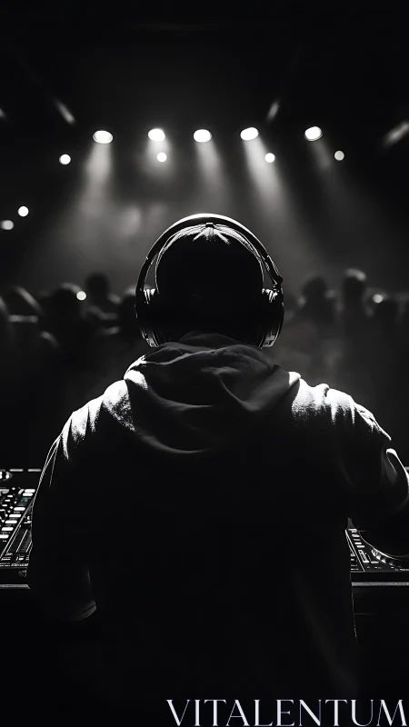 Backlit DJ operating mixer in dark monochrome venue.